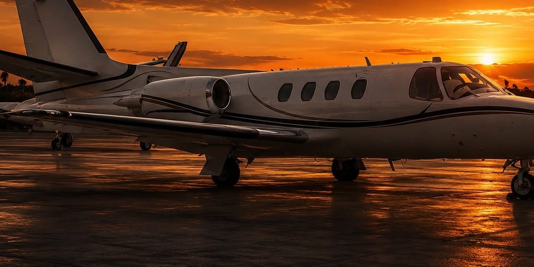 Jet privado en plataforma al atardecer