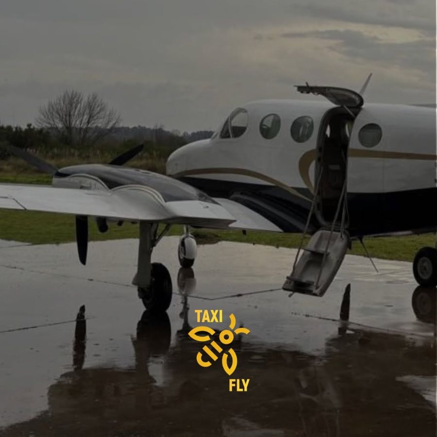 Avión turbohélice ejecutivo con la puerta abierta en plataforma